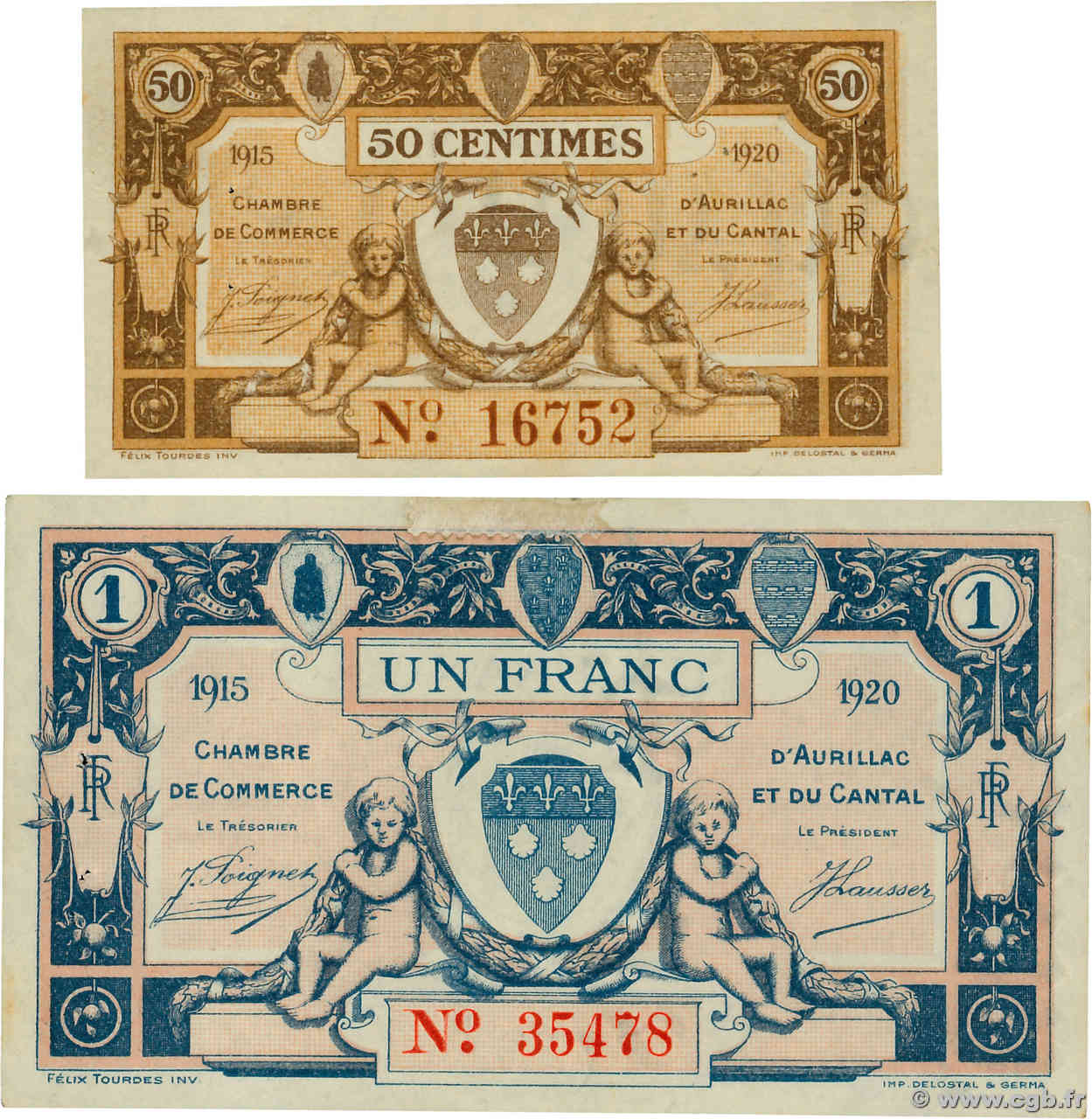 50 Centimes et 1 Franc Lot FRANCE Regionalismus und verschiedenen Aurillac 1915 JP.016.01 et 04 fST