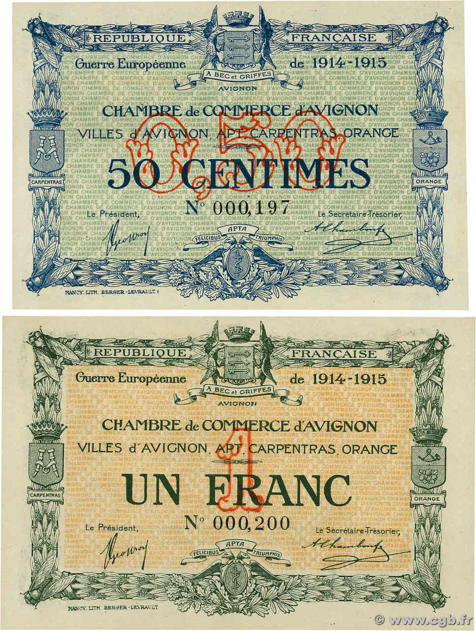 50 Centimes et 1 Franc Lot FRANCE regionalism and various Avignon 1915 JP.018.01 et 05 AU