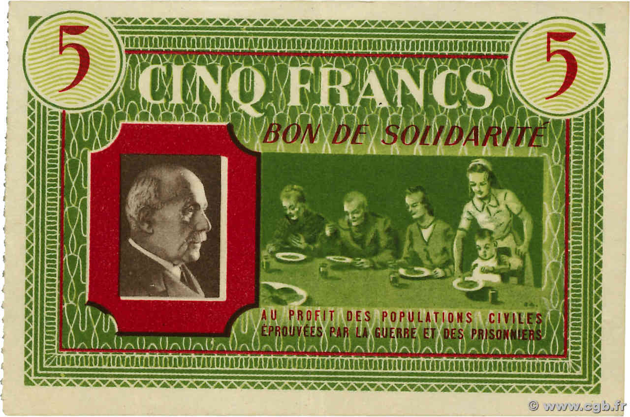 5 Francs BON DE SOLIDARITÉ FRANCE régionalisme et divers  1941 KL.05D1 SUP