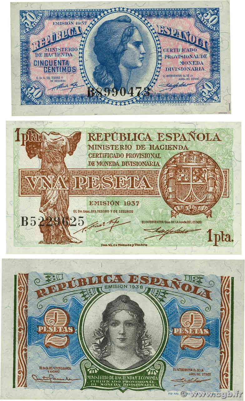 50 Centimos, 1 et 2 Pesetas Lot ESPAÑA  1937 P.093 au P.095 SC+