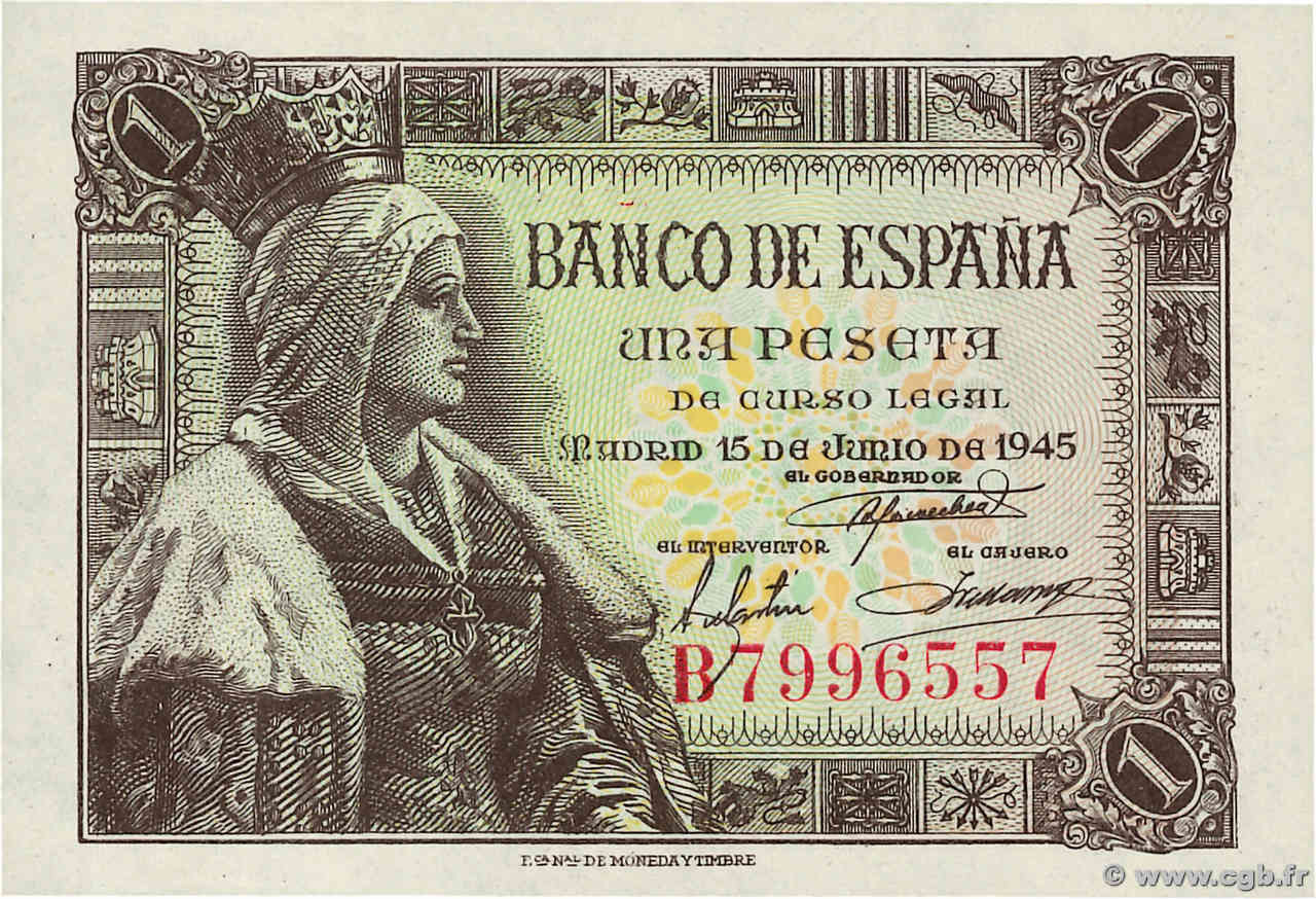 1 Peseta SPAIN  1945 P.128a UNC