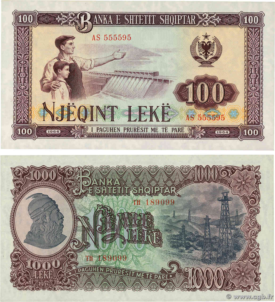 100 et 1000 Lekë Lot ALBANIA  1957 P.32a et P.39a UNC