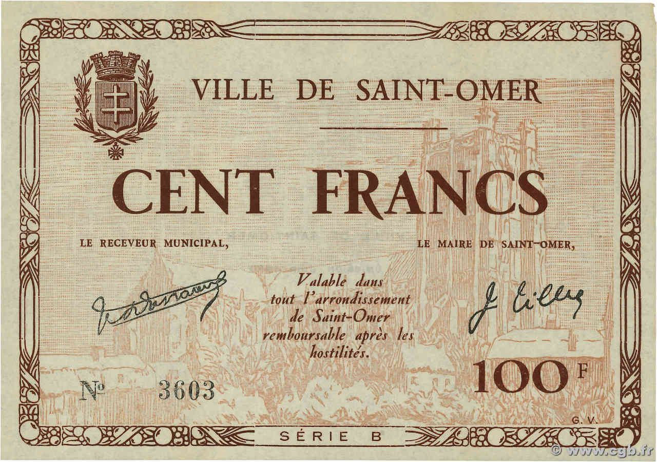 100 Francs FRANCE régionalisme et divers Saint-Omer 1940 BU.93.02 SPL
