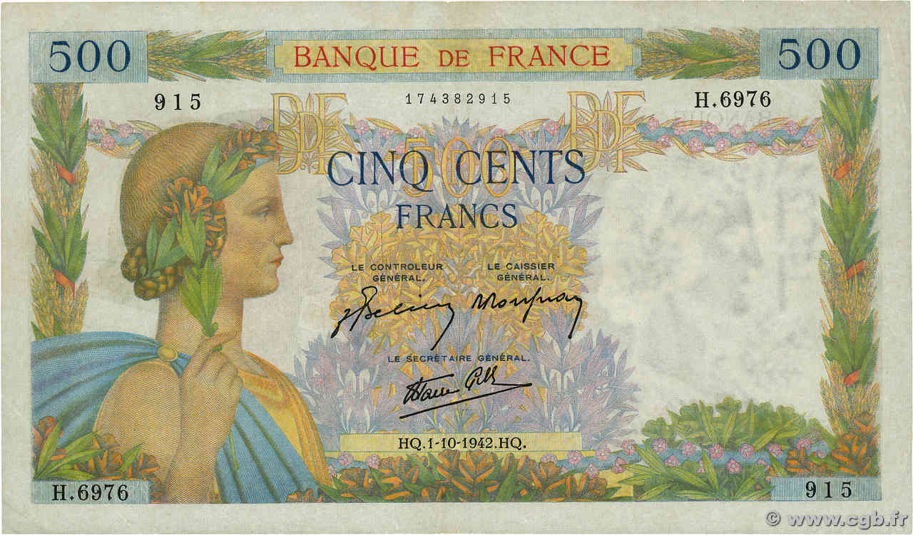 500 Francs LA PAIX FRANCE  1942 F.32.41 pr.SUP