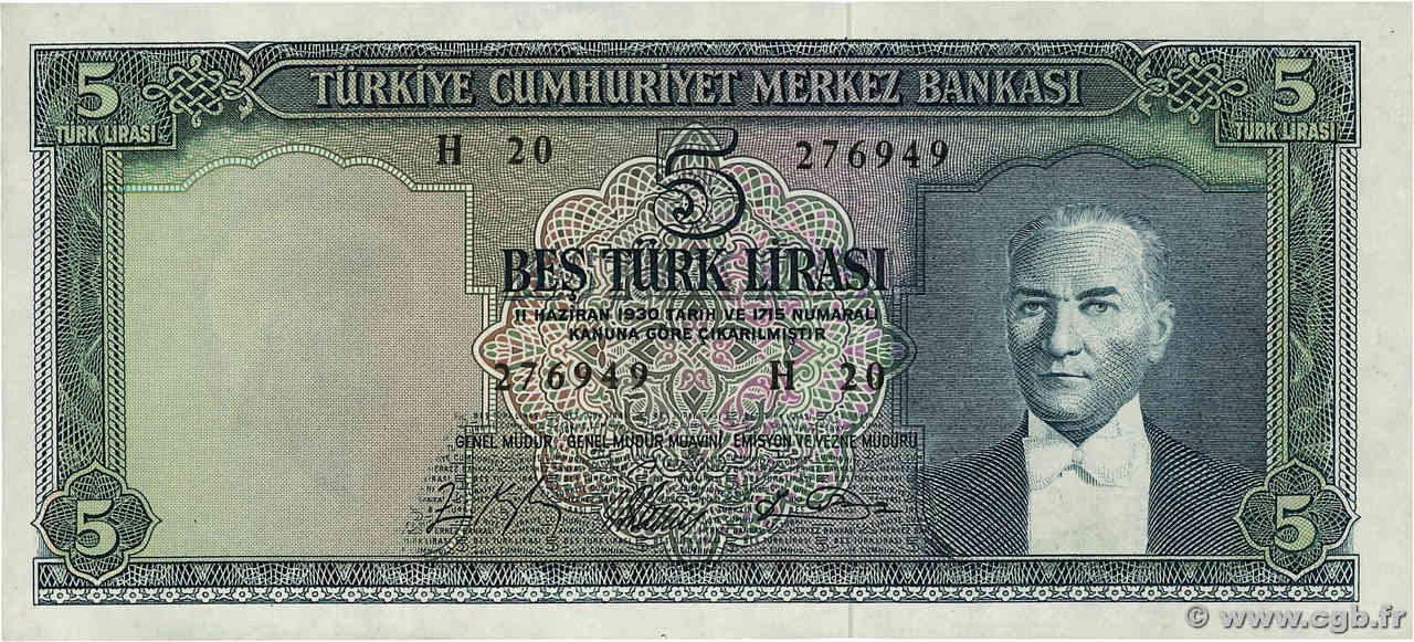 5 Lira TURQUIE  1965 P.174 pr.SPL