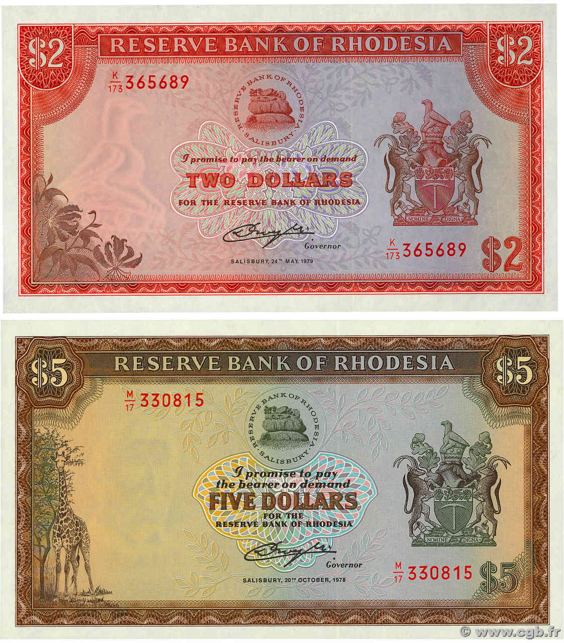 2 et 5 Dollars Lot RHODESIA  1978 P.36b et P.39a q.FDC