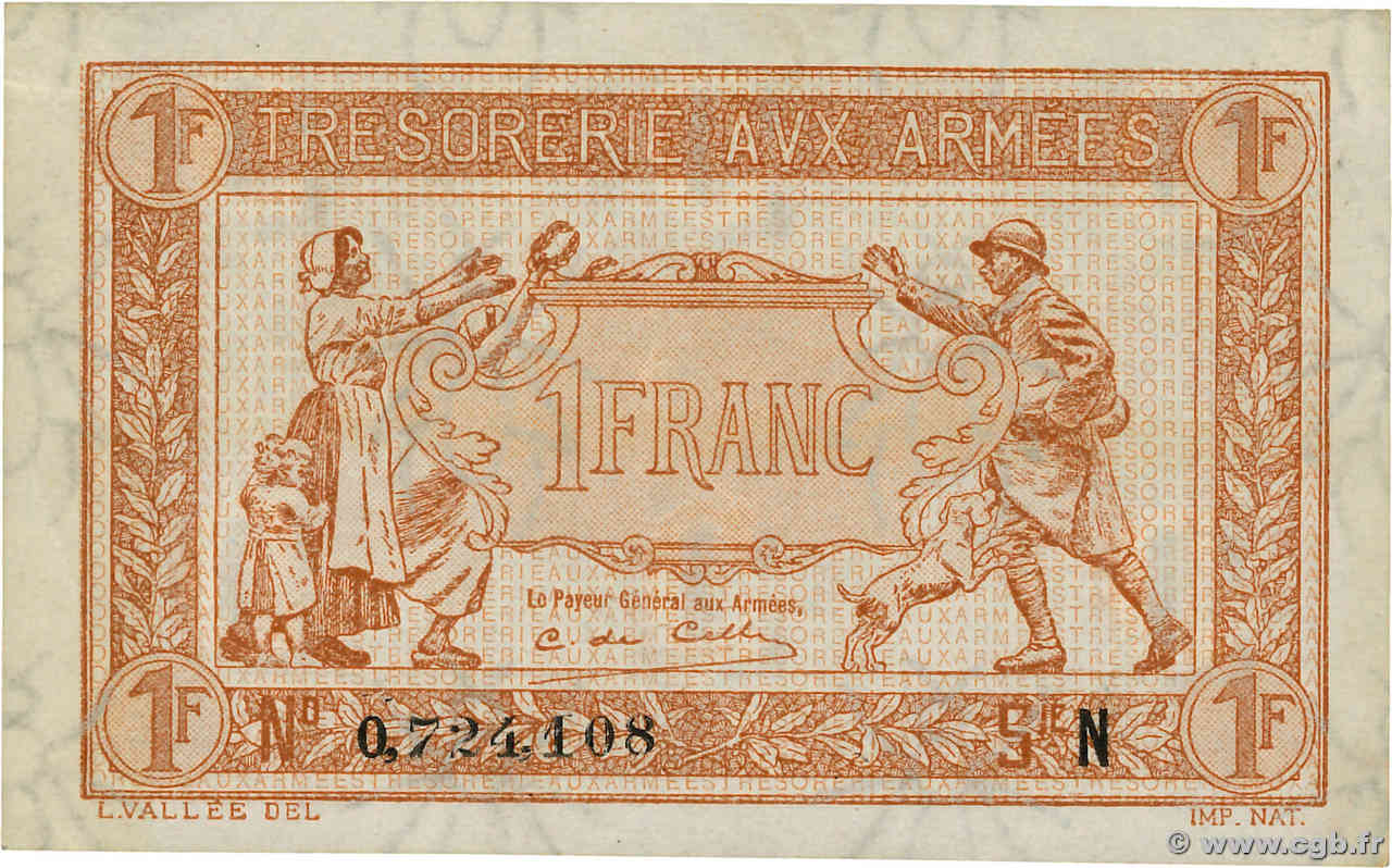 1 Franc TRÉSORERIE AUX ARMÉES 1919 FRANCE  1919 VF.04.01 SUP