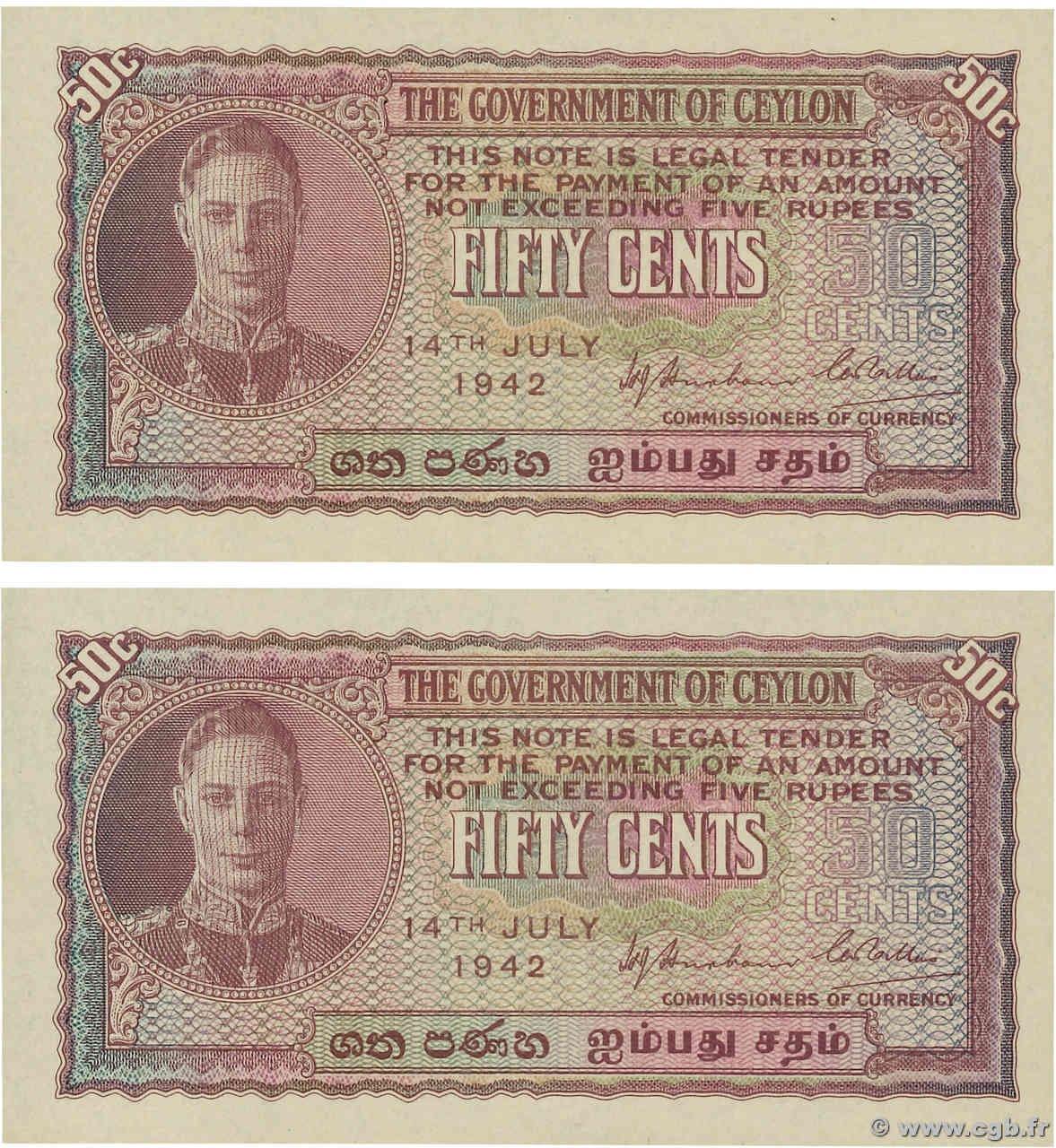 50 Cents Consécutifs CEYLON  1942 P.045a ST