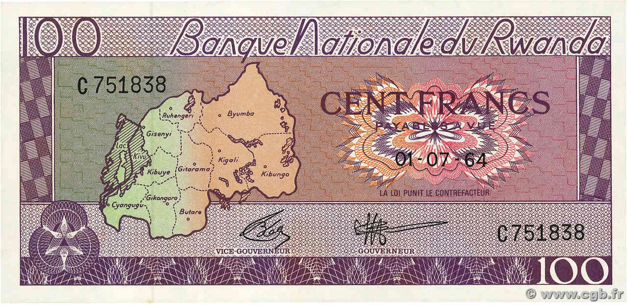 100 Francs RWANDA  1964 P.08a pr.NEUF