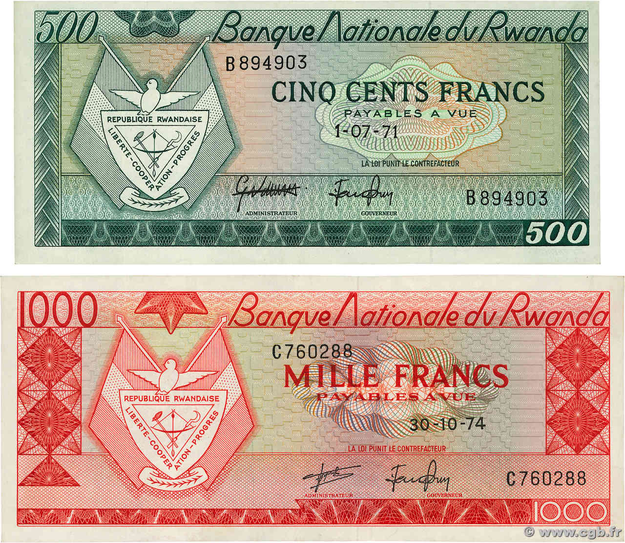 500 et 1000 Francs Lot RUANDA  1971 P.09b et P.10B fVZ