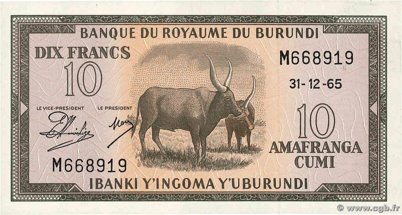 10 Francs BURUNDI  1965 P.09a q.FDC