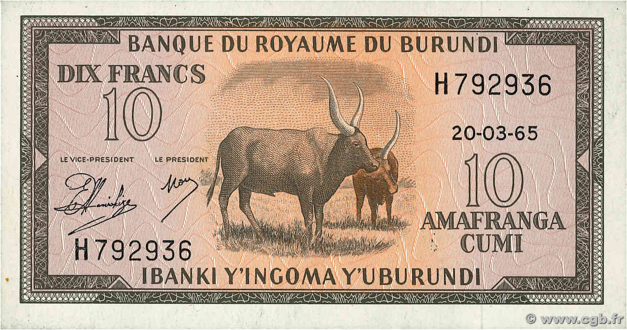 10 Francs BURUNDI  1965 P.09a AU