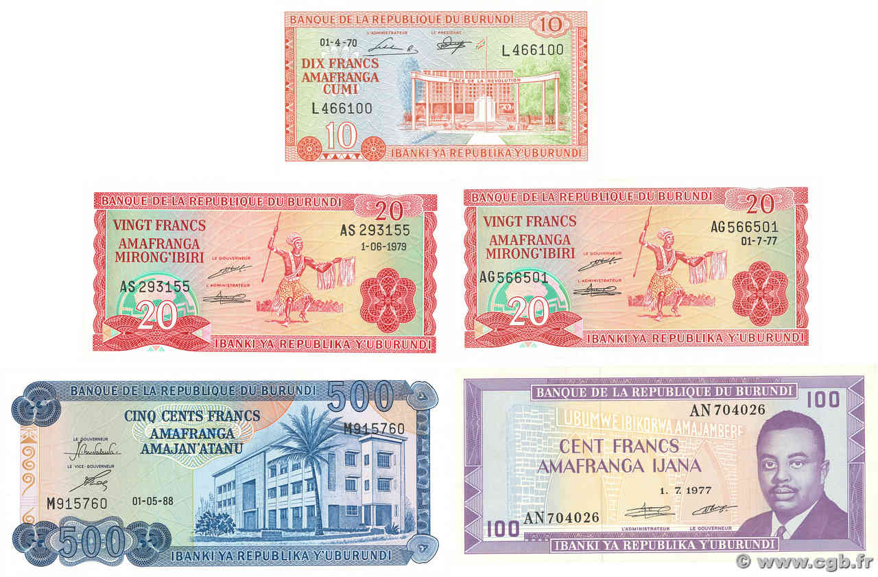 10, 20, 100 et 500 Francs Lot BURUNDI  1970 P.20b, P.27a, P.29a et P30c pr.NEUF