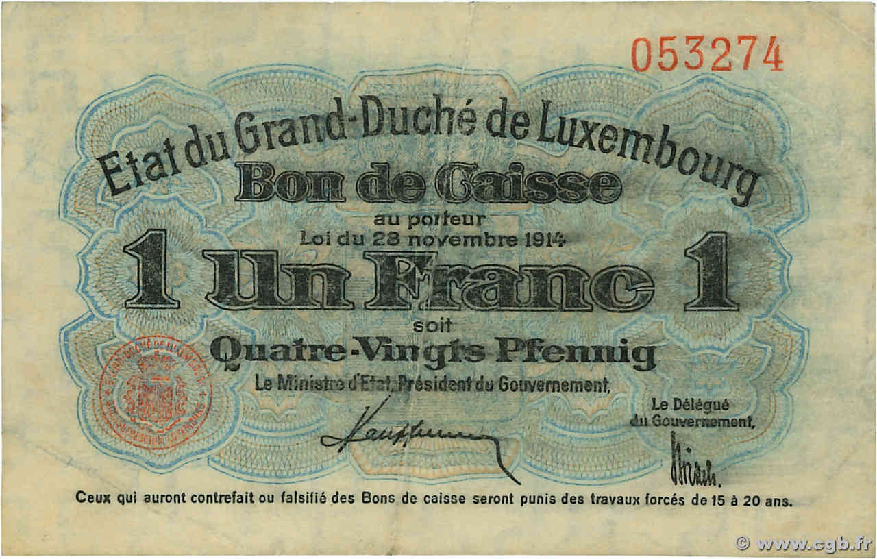 1 Franc / 80 Pfennig LUXEMBOURG  1914 P.21 VF