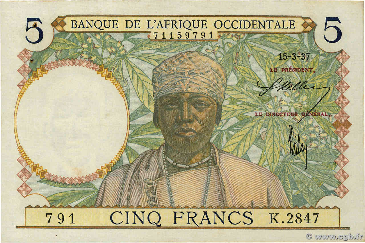 5 Francs FRENCH WEST AFRICA (1895-1958)  1937 P.21 XF-