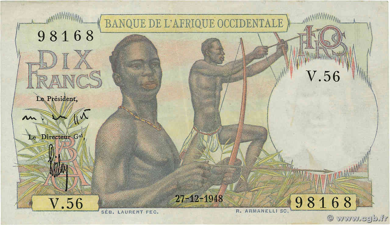 10 Francs FRENCH WEST AFRICA  1948 P.37 MBC+