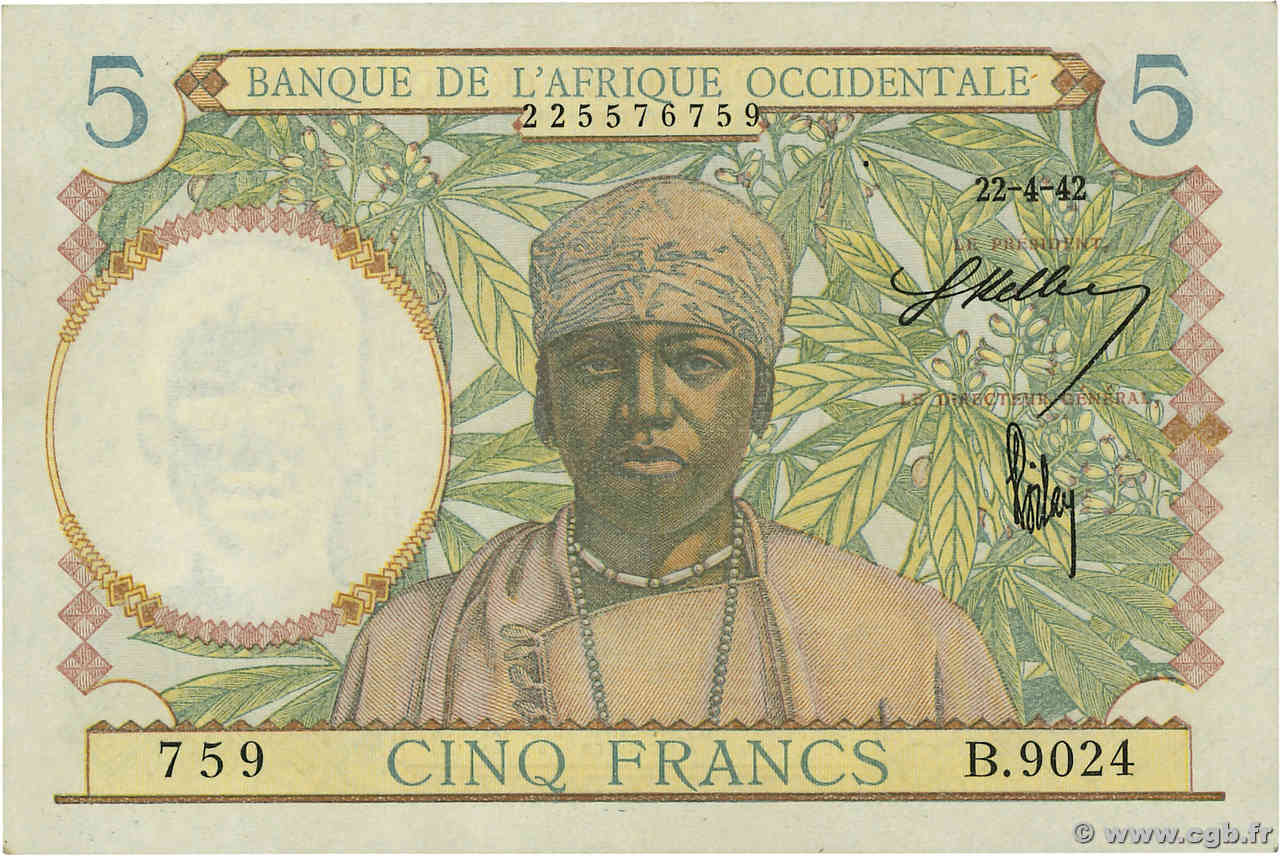 5 Francs FRENCH WEST AFRICA  1942 P.25 fST