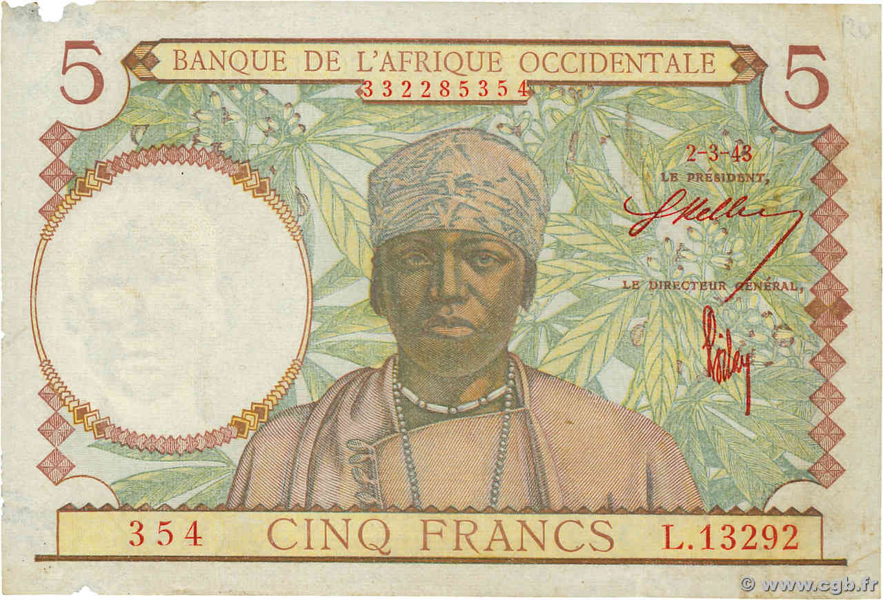 5 Francs FRENCH WEST AFRICA  1943 P.26 MBC