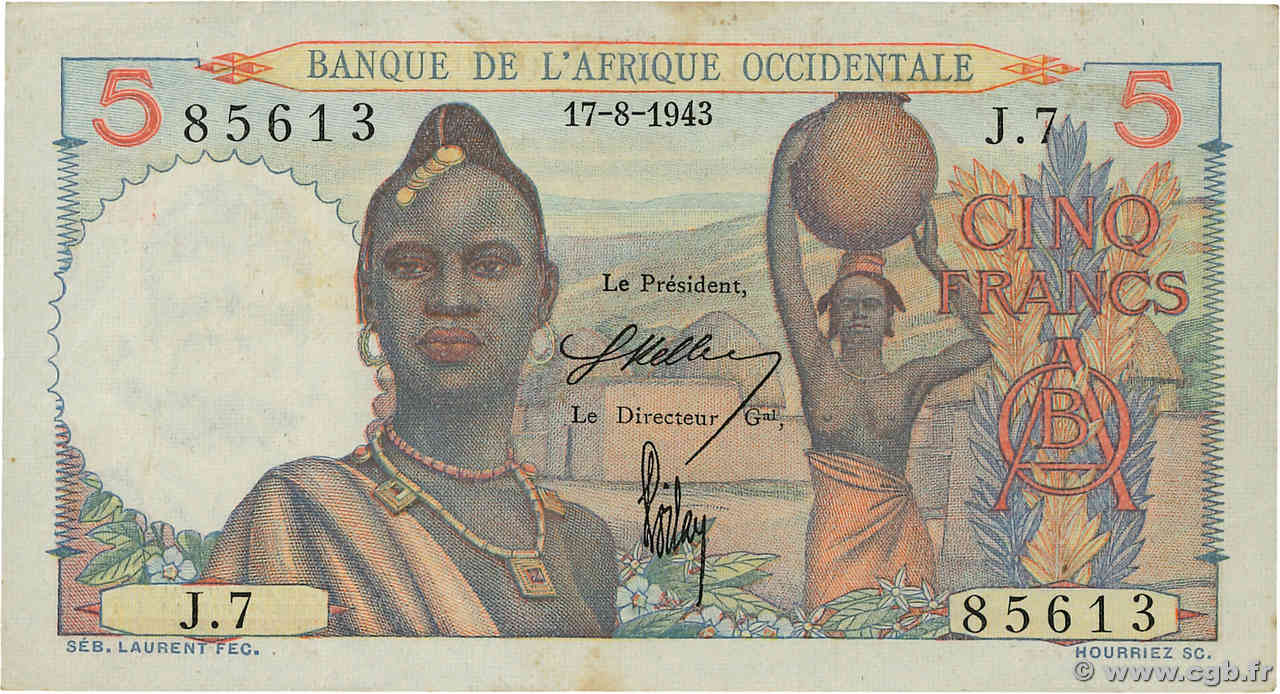 5 Francs FRENCH WEST AFRICA  1943 P.36 MBC+