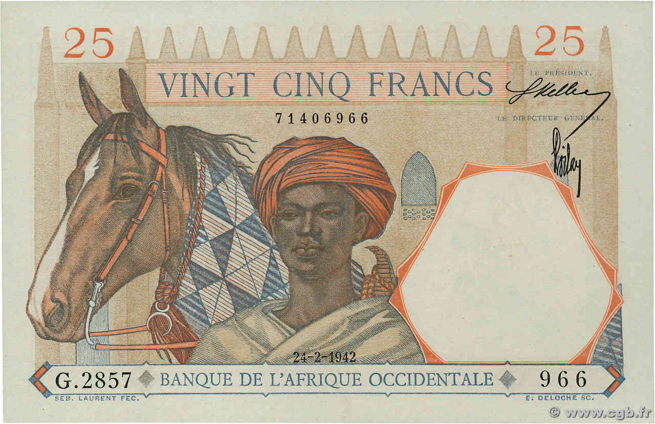 25 Francs FRENCH WEST AFRICA  1942 P.27 MBC+