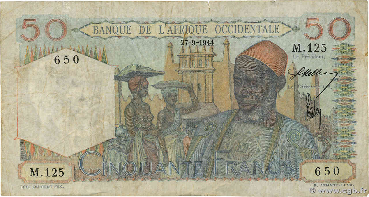 50 Francs FRENCH WEST AFRICA  1944 P.39 fS