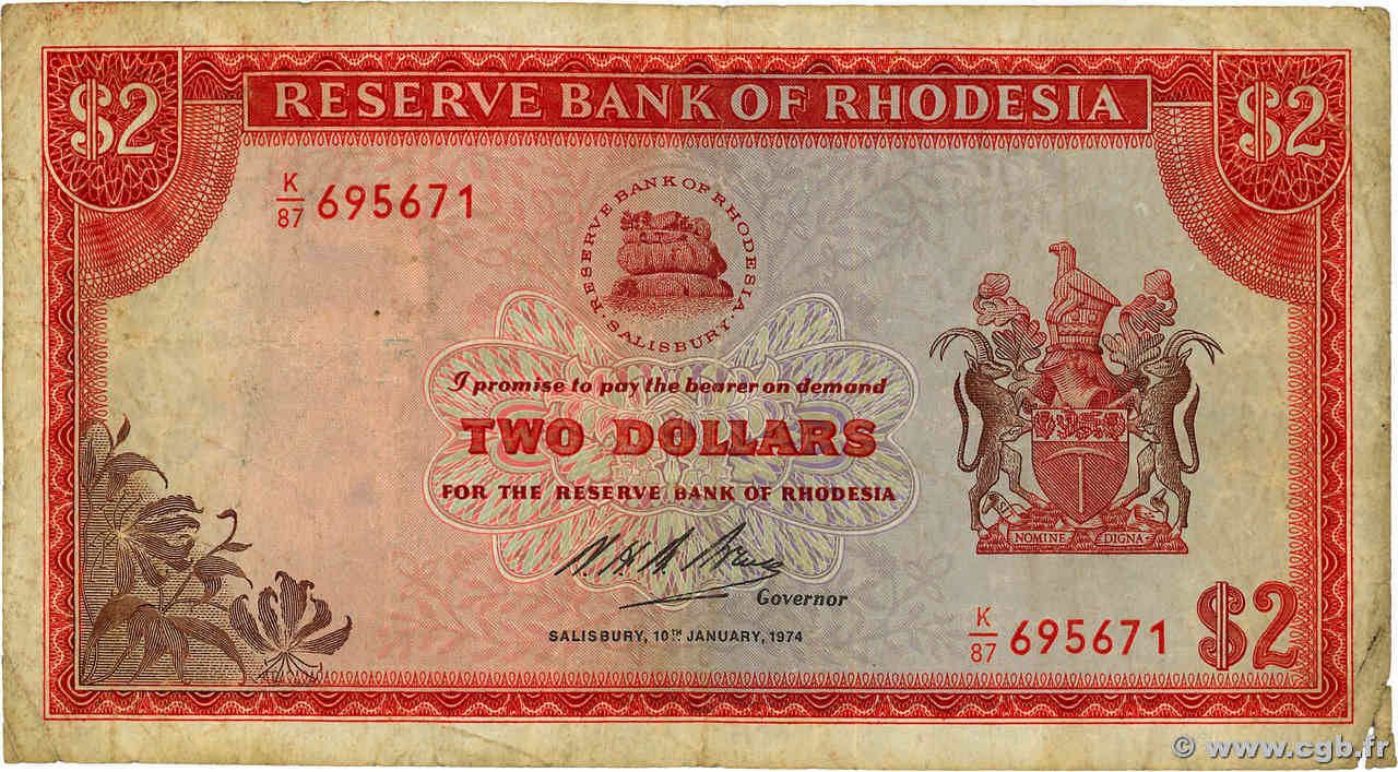 2 Dollars RHODESIA  1974 P.31h MB