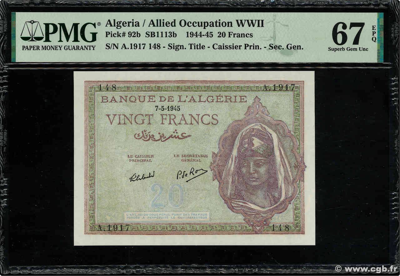 20 Francs ALGÉRIE  1945 P.092b NEUF