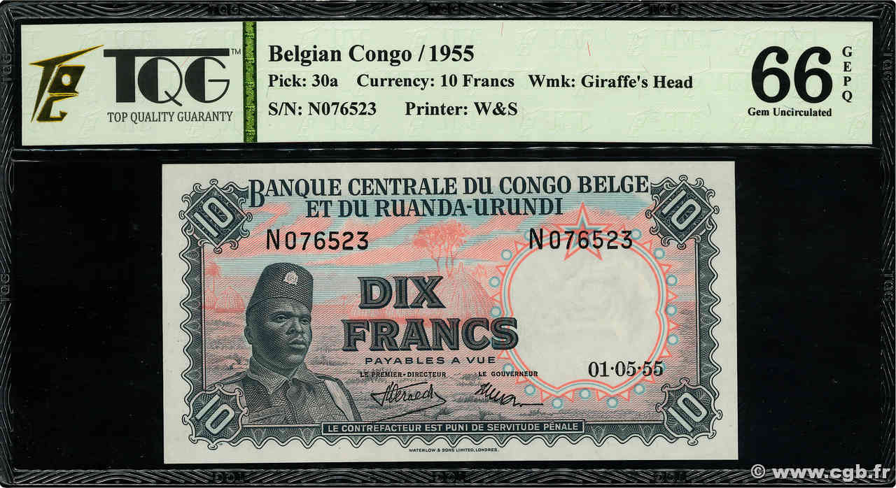 10 Francs BELGA CONGO  1955 P.30a FDC