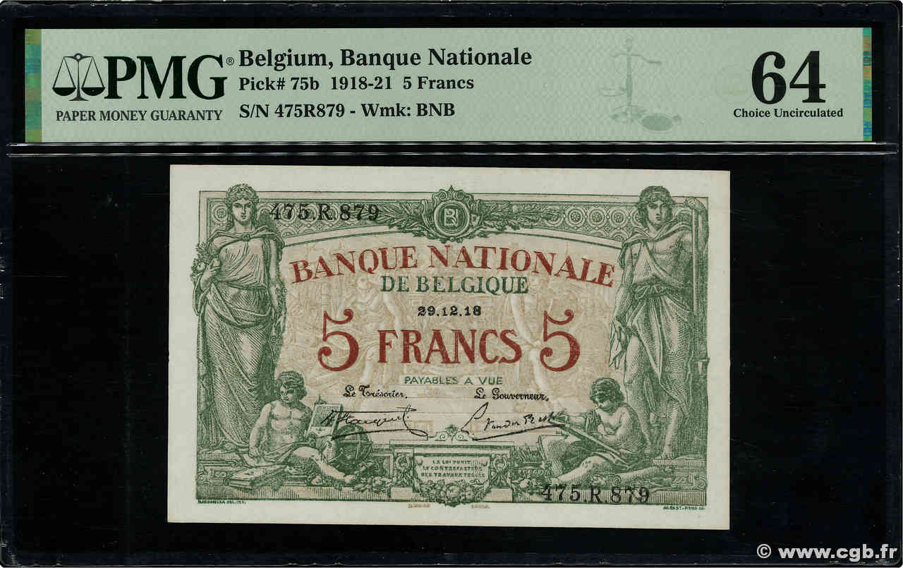 5 Francs BELGIQUE  1918 P.075b pr.NEUF