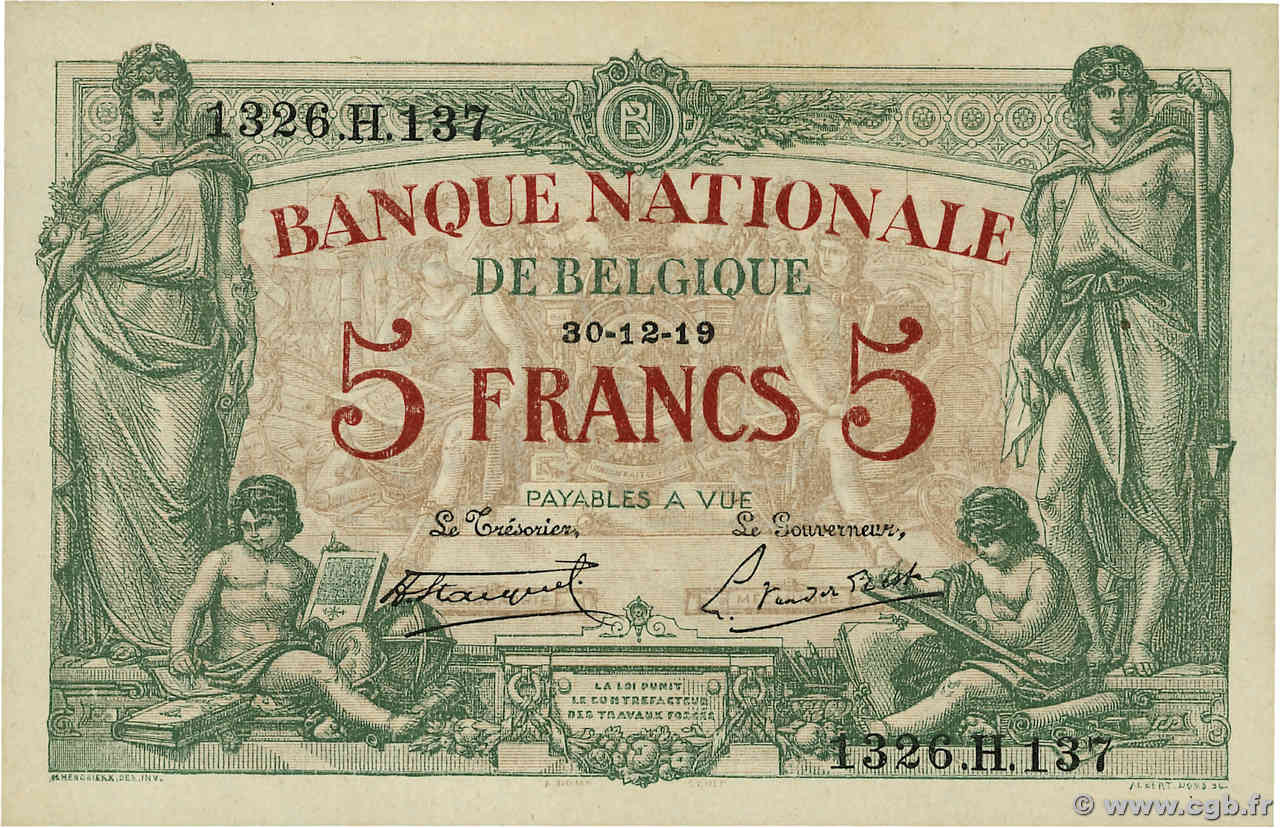 5 Francs BELGIQUE  1919 P.075b SPL+