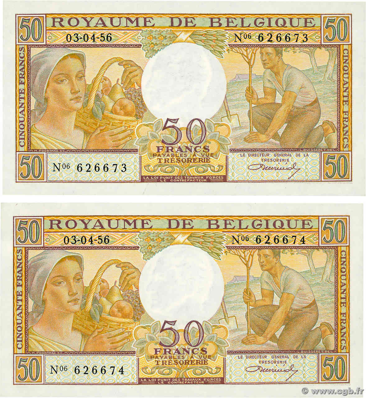 50 Francs Consécutifs BELGIQUE  1956 P.133b pr.NEUF