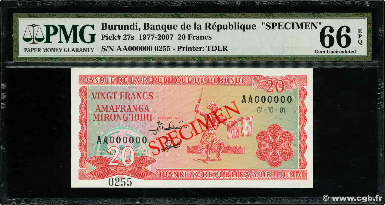 20 Francs Spécimen BURUNDI  1991 P.27s UNC