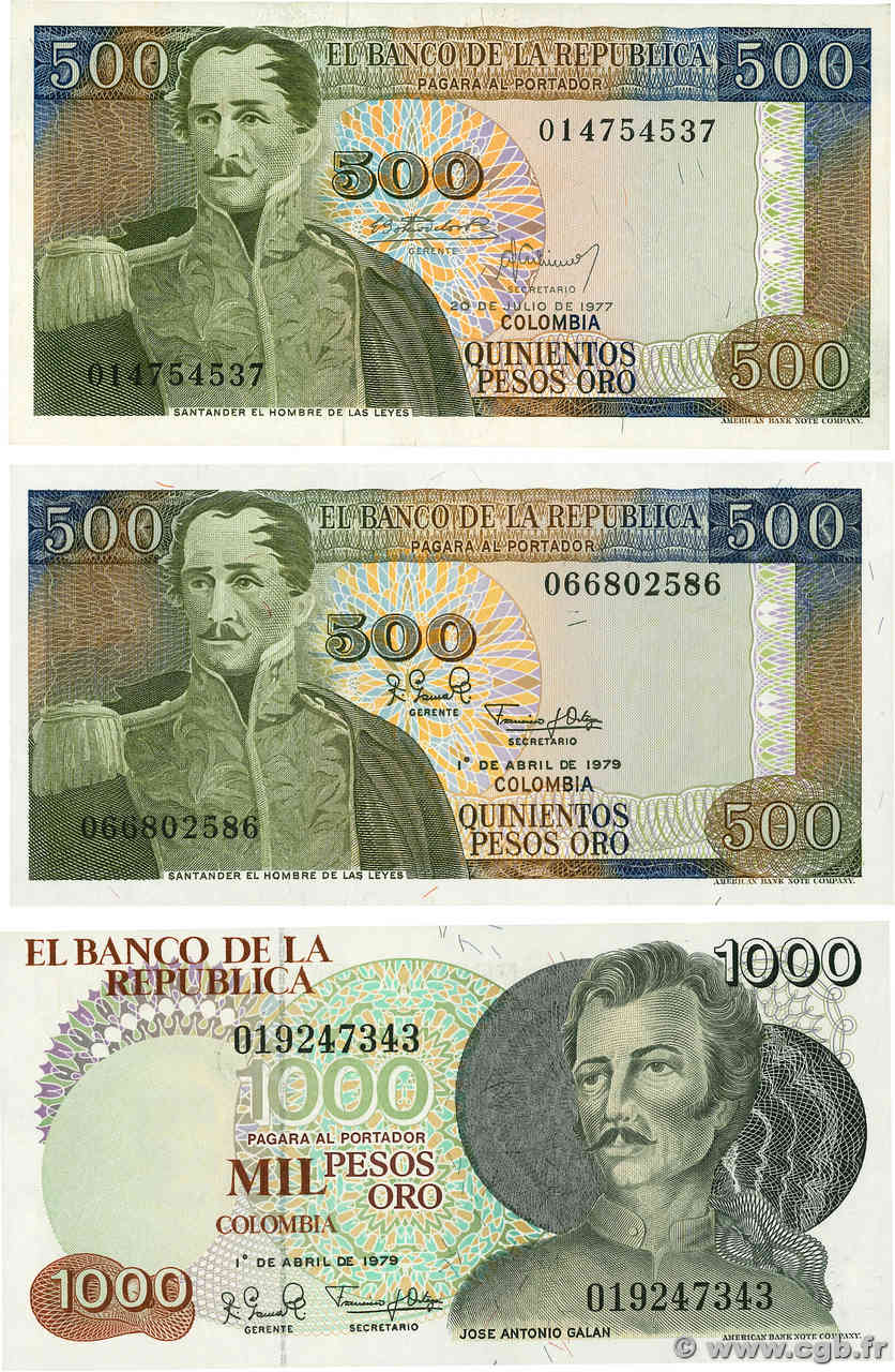 500 et 1000 Pesos Oro Lot COLOMBIA  1977 P.420-421 UNC-