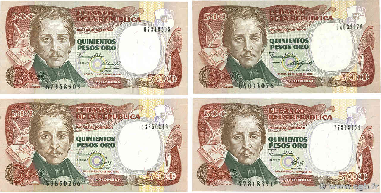 500 Pesos Oro Lot COLOMBIA  1989 P.431-431A UNC