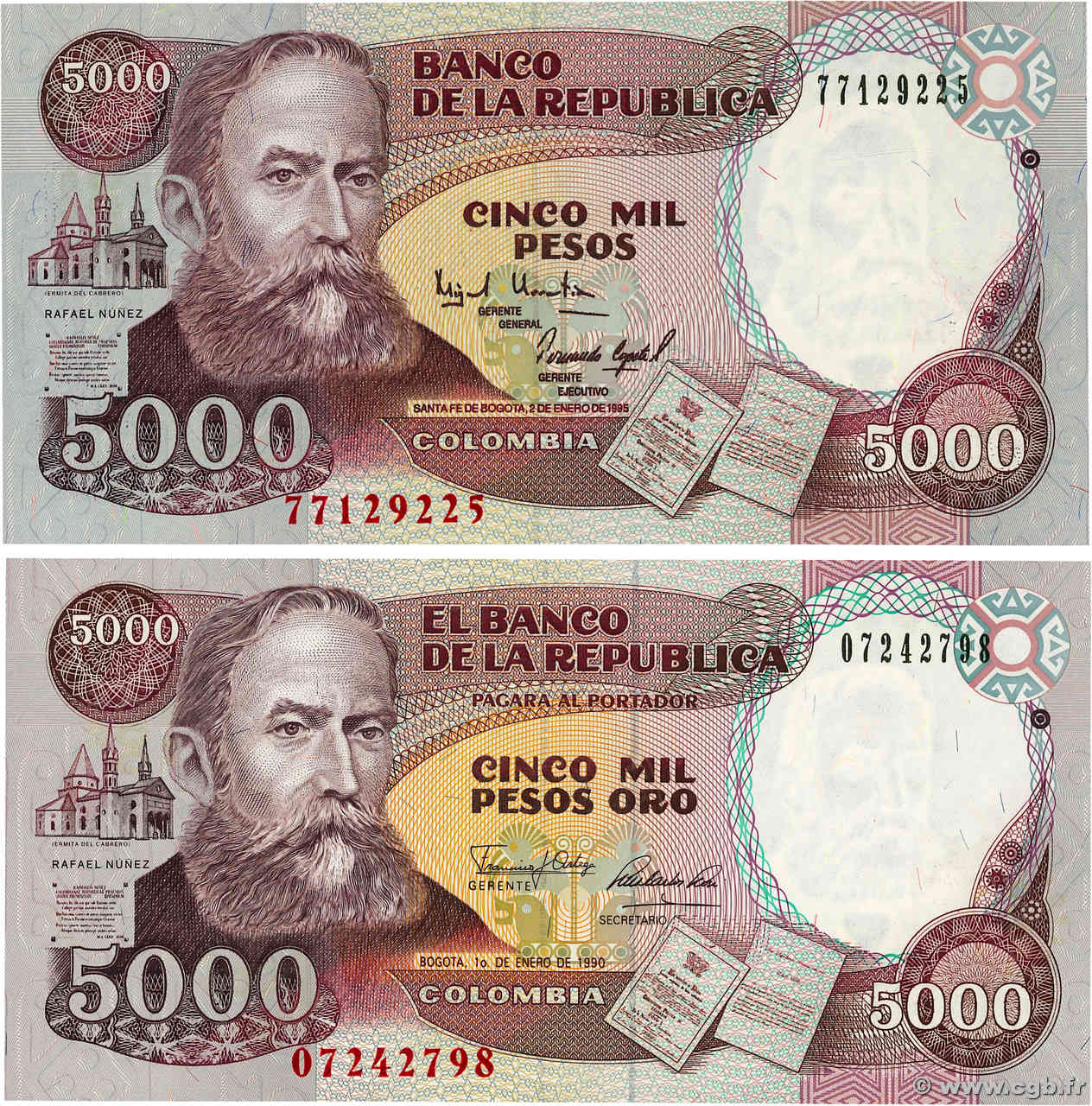 5000 Pesos Lot COLOMBIA  1990 P.436-440 UNC