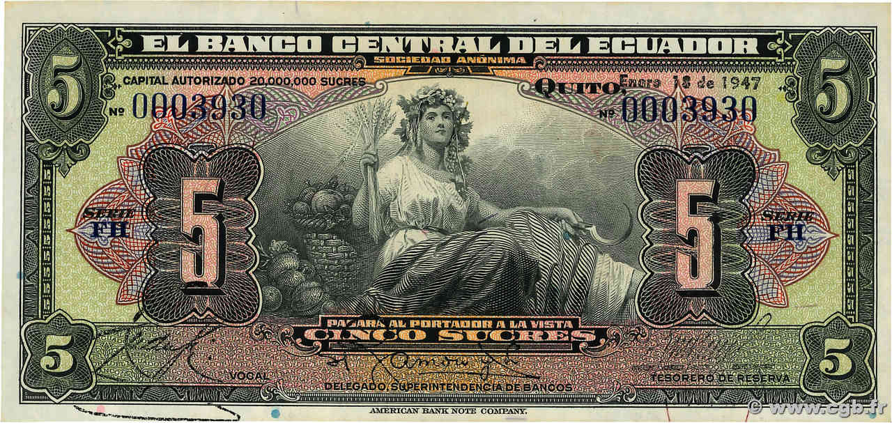 5 Sucres ECUADOR  1947 P.091c UNC