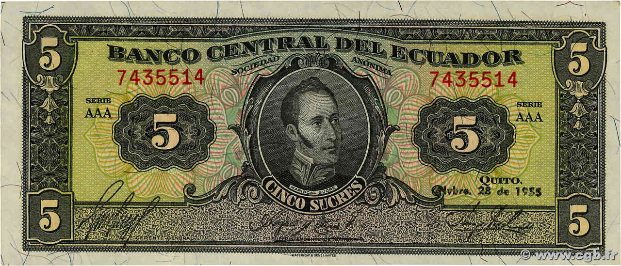 5 Sucres ECUADOR  1955 P.098c AU