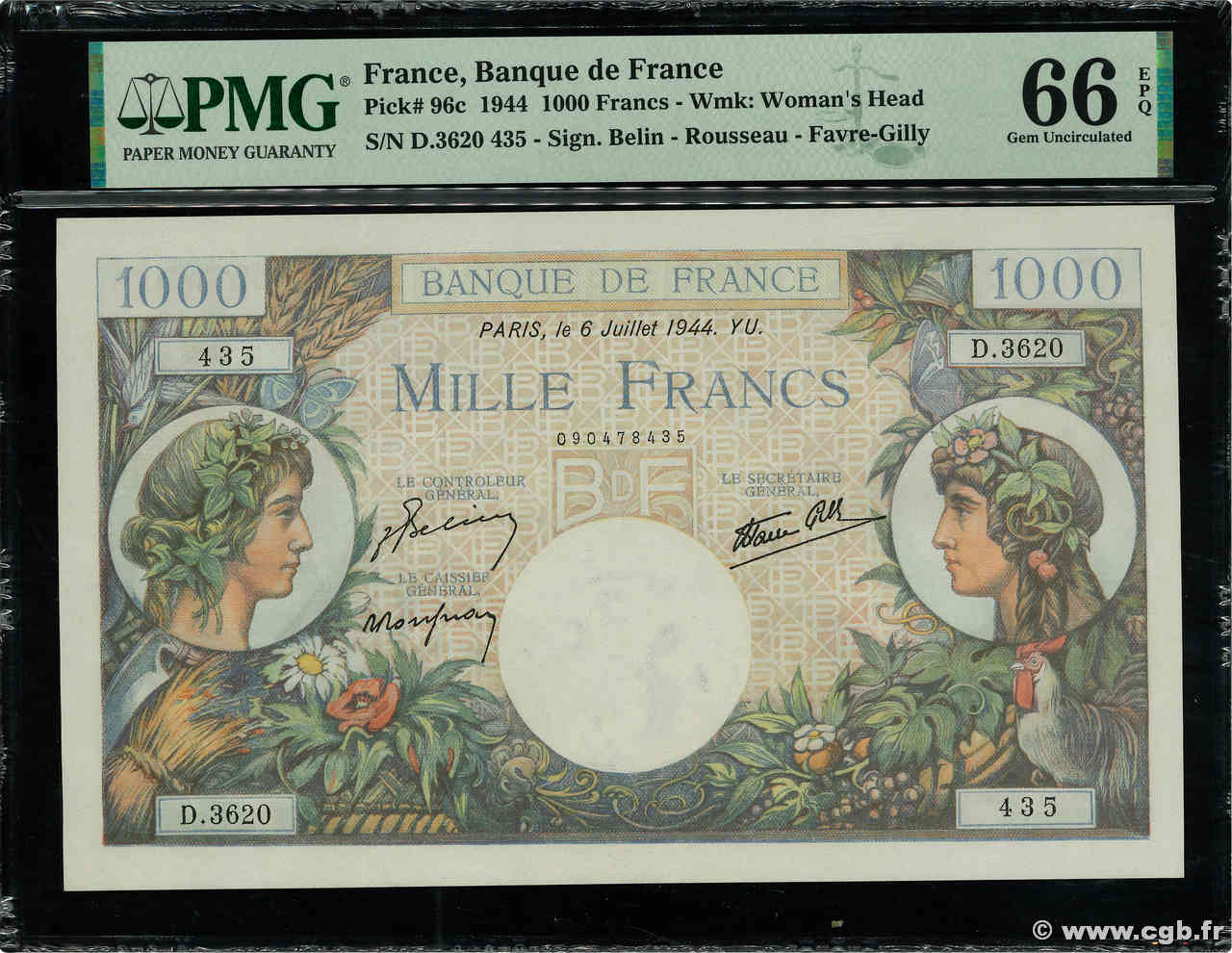 1000 Francs COMMERCE ET INDUSTRIE FRANCIA  1944 F.39.10 FDC