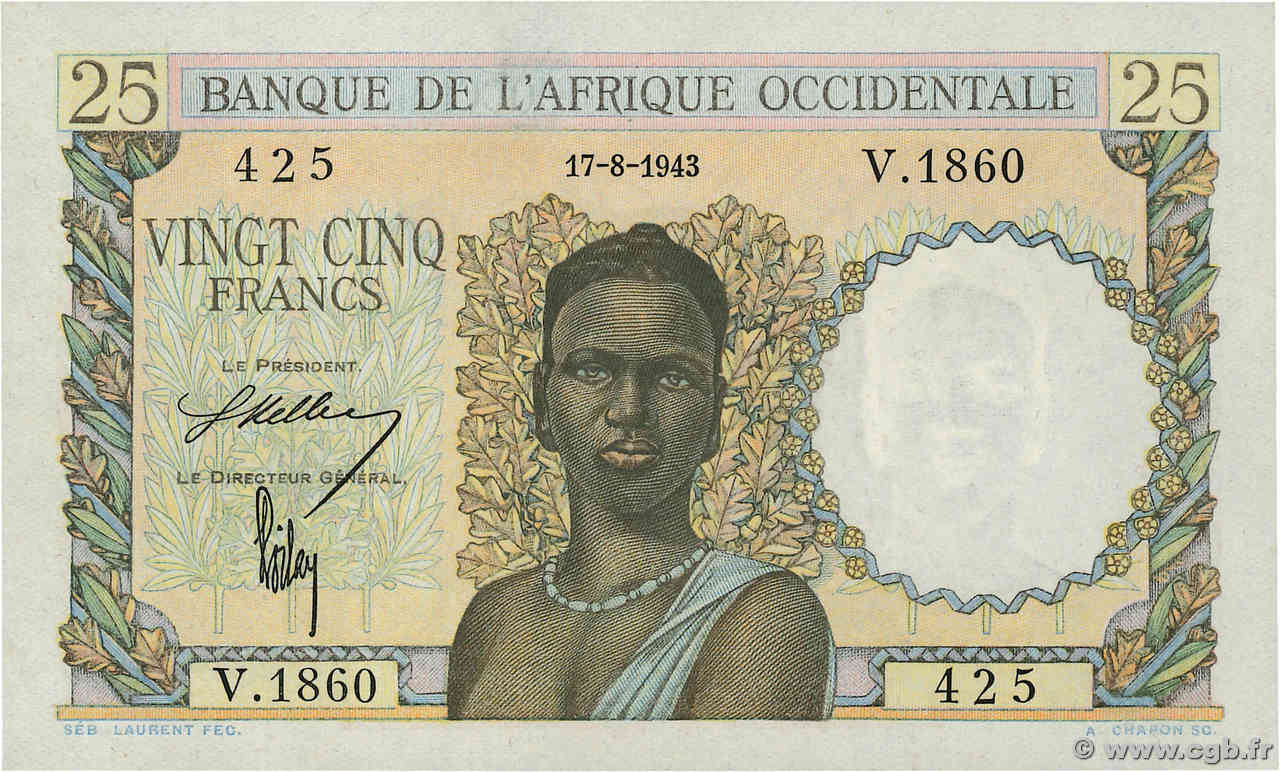 25 Francs AFRIQUE OCCIDENTALE FRANÇAISE (1895-1958)  1943 P.38 SPL