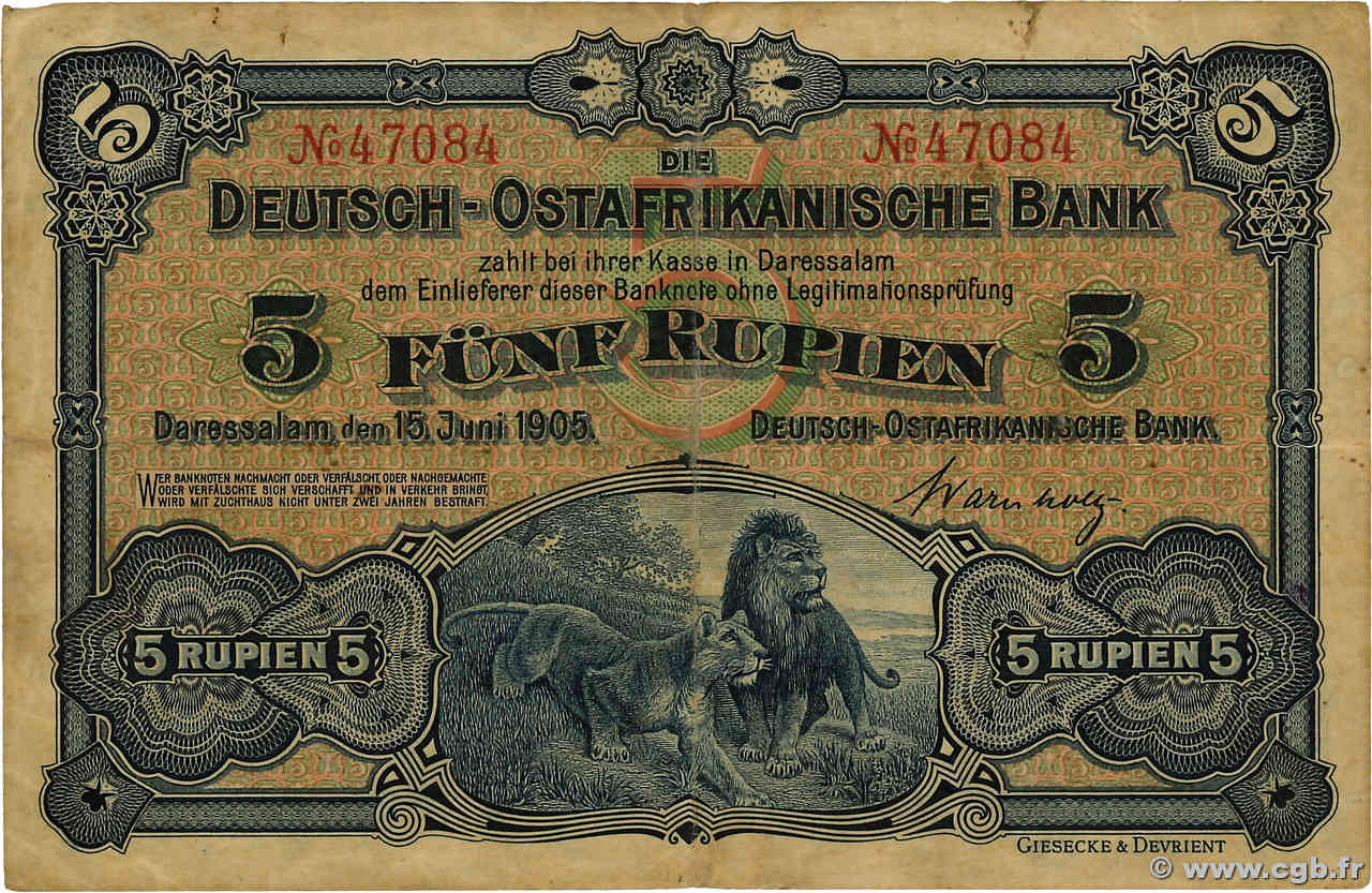 5 Rupien Deutsch Ostafrikanische Bank  1905 P.01 BB