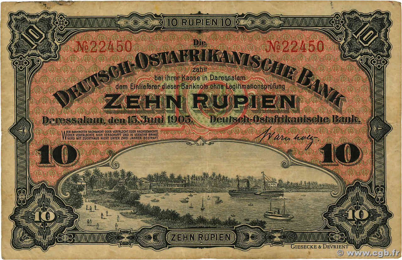 10 Rupien GERMAN EAST AFRICA  1905 P.02 F+