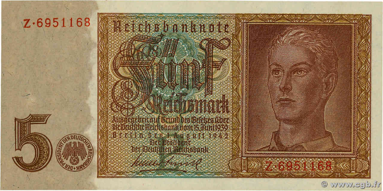 5 Reichsmark DEUTSCHLAND  1942 P.186a ST