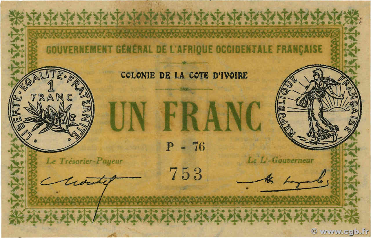 1 Franc IVORY COAST  1917 P.02b AU