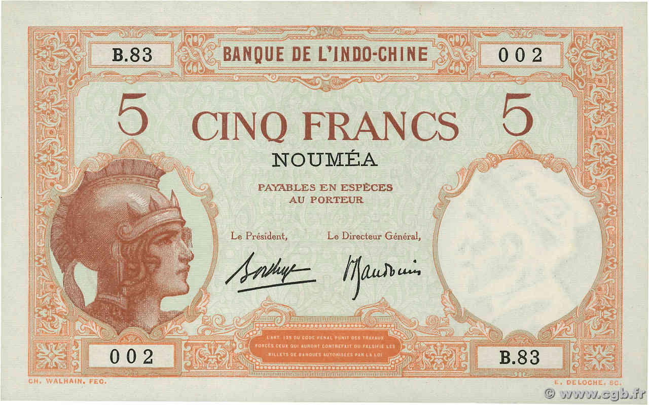 5 Francs NOUVELLE CALÉDONIE  1940 P.36b UNC