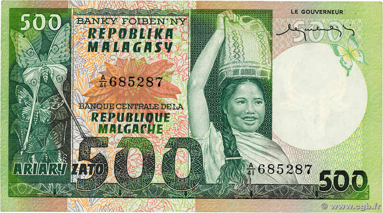 500 Francs - 100 Ariary MADAGASCAR  1974 P.064a MBC+