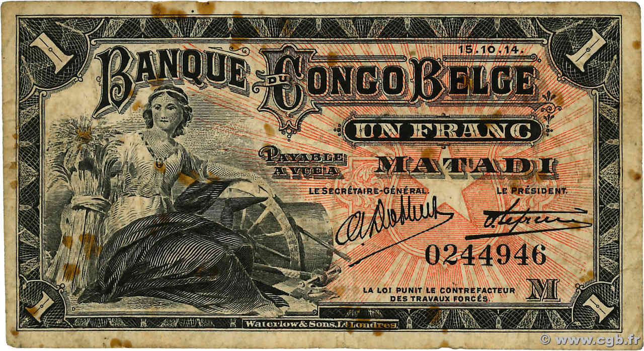 1 Franc CONGO BELGA Matadi 1914 P.03B MB