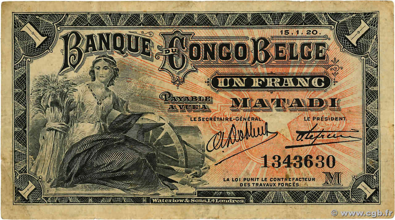 1 Franc BELGISCH-KONGO Matadi 1920 P.03B S