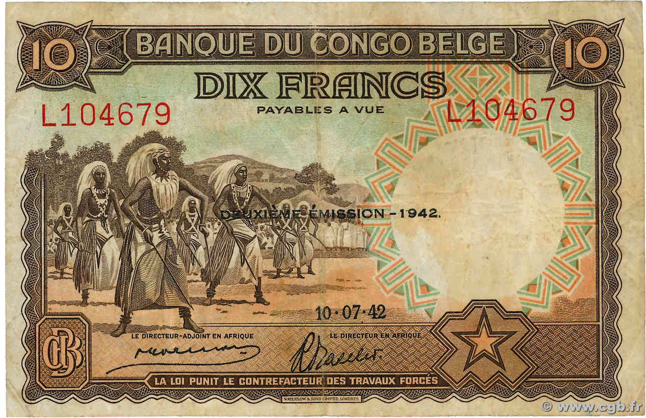 10 Francs BELGISCH-KONGO  1942 P.14Ba S