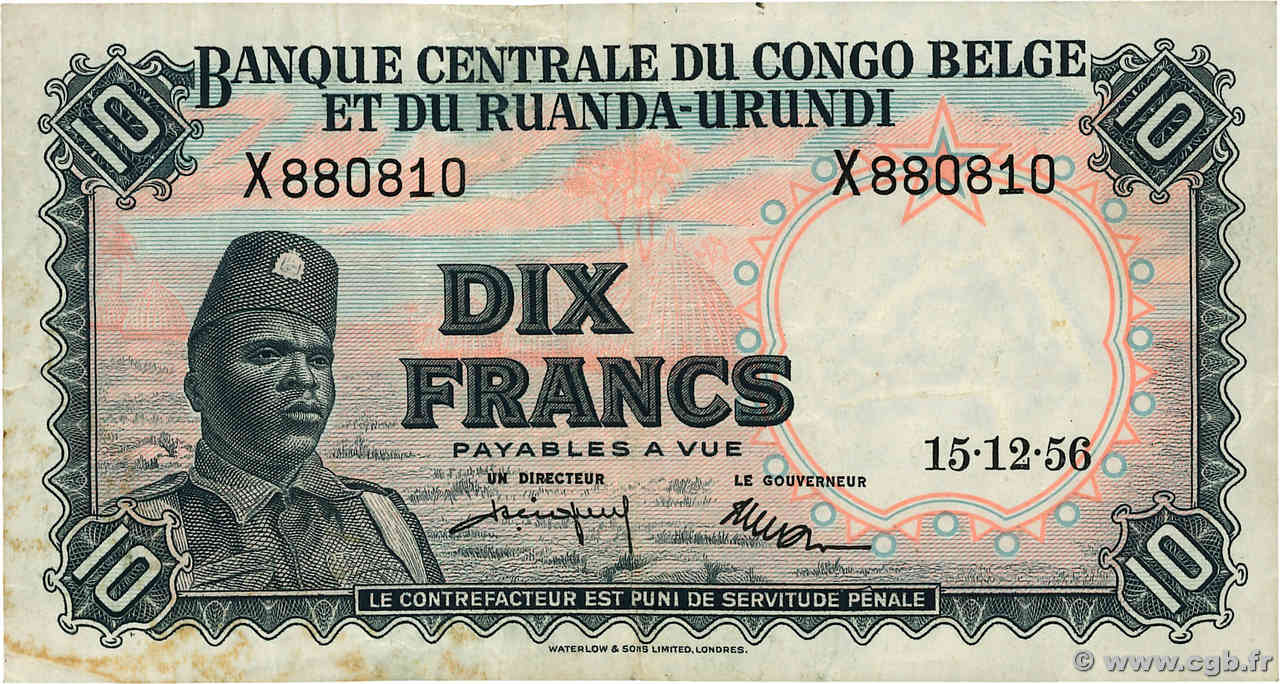 10 Francs BELGISCH-KONGO  1956 P.30b fSS