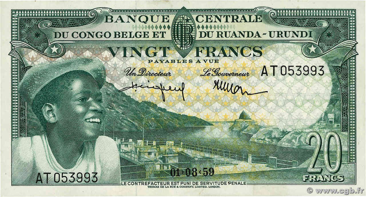 20 Francs BELGIAN CONGO  1959 P.31 XF